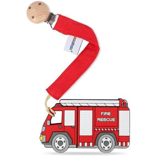 Baby Food Grade Silicone Vechicle Car Teether Toy with Pacifier Clip Holder,Teething Pain Relief Toys Gift Set for 3 Months+ Boys and Girls,Freezer Safe,BPA Free (Fire Truck).