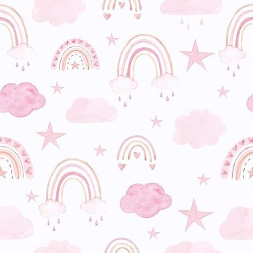 CHIHUT 17.7”x236” Boho Wallpaper Peel and Stick Pink Cloud Star Rainbow Wallpaper for Kids Room Nursery Decorative Cute Kids Wall Paper Roll Waterproof Self Adhesive Vinyl Rainbow Wall Mural