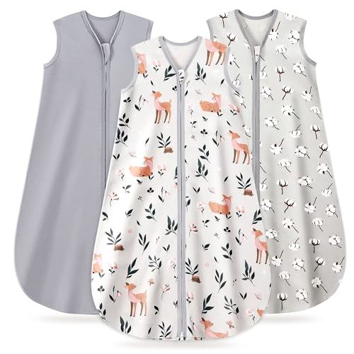 TURMEWU Baby Sleep Sack 0-6 Months, 100% Organic Cotton Wearable Blanket for Babies, 2-Way Zipper TOG 0.5 Lightweight Breathable Baby Sleeping Bag, 4 Sizes-S Cotton&Fawn&Grey