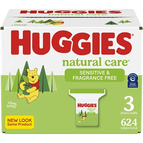 Sensitive Baby Wipes, Huggies Natural Care Baby Diaper Wipes, Unscented, Hypoallergenic, 99% Purified Water, Packaging May Vary, 3 Refill Packs (624 Wipes Total)