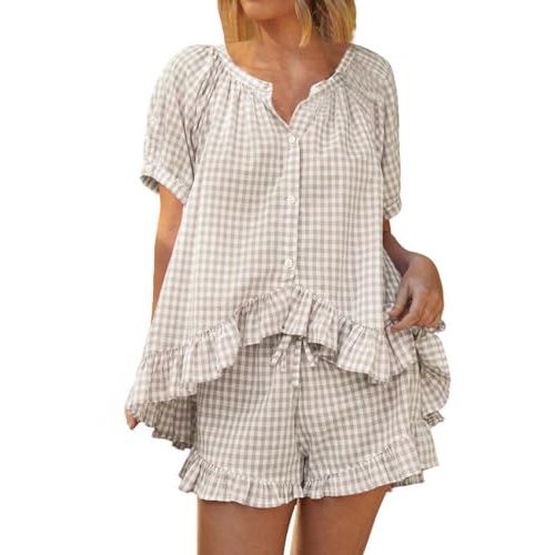 codcm Womens 2 Piece Ruffle Pajama Set Gingham Pjs Short Sleeve Babydoll Shirt and Shorts Plaid Summer Outfits