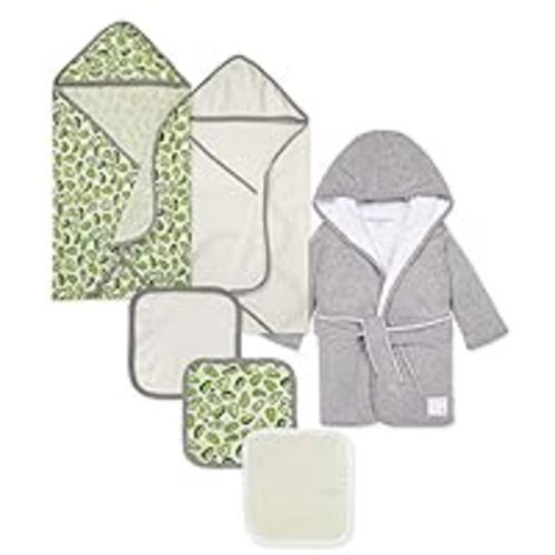 Burt's Bees Baby Bath Bundle- Hooded Towel, Washcloths & Robe Gift Set, 100% Organic Cotton - 0-9 Month - Avocados Bundle