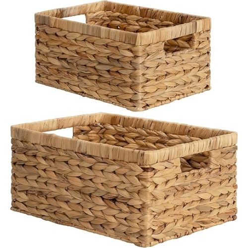 StorageWorks Wicker Storage Baskets, Handwoven Water Hyacinth Basket for Organizing, Decorative Organizers with Built-in Handles, Set of 2