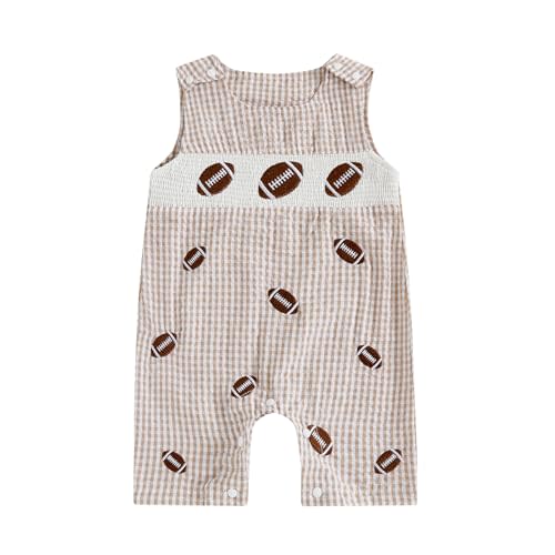 Newborn Baby Boy Football Outfit Embroidery Plaid Retro Romper Sleeveless One Piece Jumpsuit Smocked Shortall