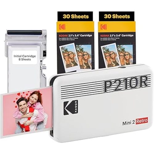 KODAK Mini 2 Retro 4PASS Portable Photo Printer (2.1x3.4 inches) Initial 8 Sheets + 60 Sheets Bundle, White