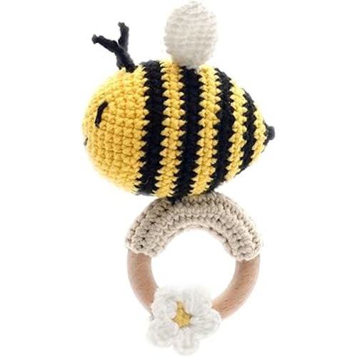 DICHA Crochet Bee Baby Rattle - Sensory Toy for Babies - Ideal for Baby Shower - Includes Beech Teething Ring