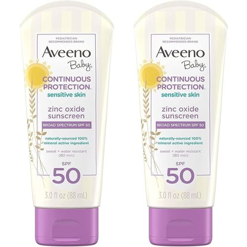 Aveeno Baby Continuous Protection Zinc Oxide Mineral Sunscreen Lotion for Sensitive Skin with Broad Spectrum SPF 50, Tear-Free, Sweat- & Water-Resistant, Travel-Size, 3 fl. Oz (Pack of 2)