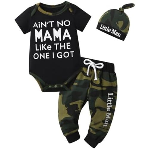 Eghunooy Newborn Baby Boy Clothes Letter Print Romper Pants Hat Infant 3PCS Outfits Set