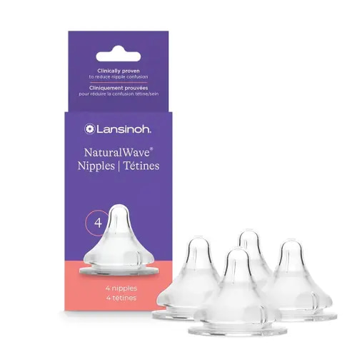 Lansinoh NaturalWave Baby Bottle Nipples, Medium Flow, Size M, 3+ Months, 4 Count – 100% Soft, Durable Silicone, Made Without BPA BPS, Anti-Colic, Supports Baby’s Developing Mouth and Teeth