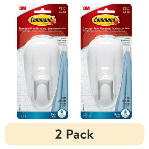 (2 pack) Command Bath Hook, White, Large, 1 Wall Hook, 2 Water Resistant Strips, Hang Robes or Loofahs