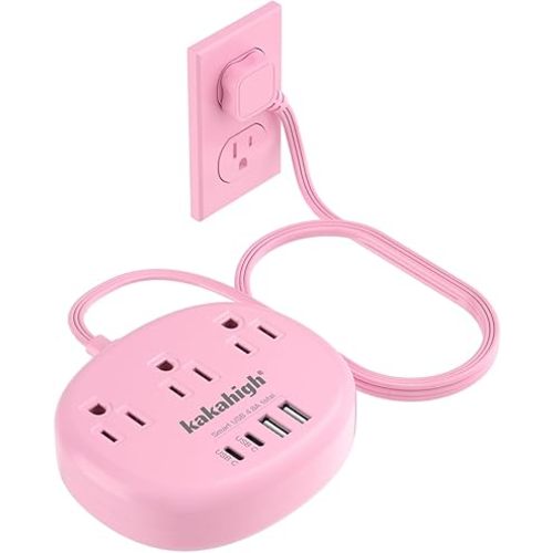 Pink Extension Cord with Surge Protected 1080J - 5 FT Flat Extension Cord, 1625W Cute Extension Cord with 3 AC Outlet 4 USB (24W/4.8A), Compact for Cute Pink Kawaii Desk Home Essentials