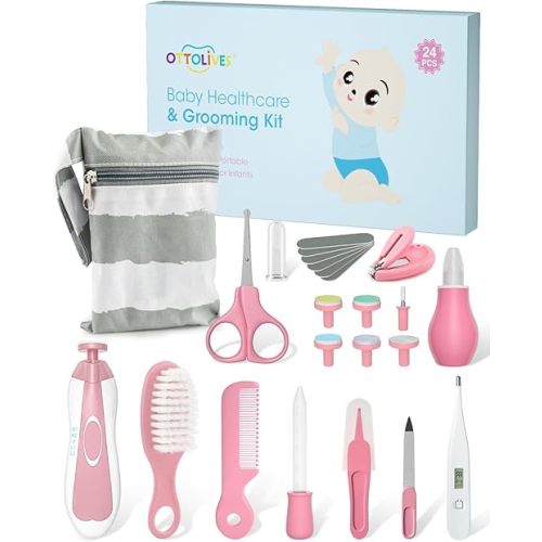 OTTOLIVES Baby Healthcare and Grooming Kit, 24 in 1 Baby Electric Nail Trimmer Set Newborn Nursery Health Care Set for Newborn Infant Toddlers Baby Boys Girls Kids Haircut Tools (0-3 Years+) (Pink)