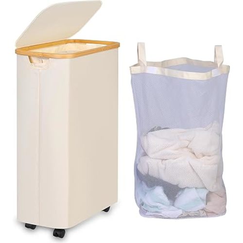 75L Laundry Hamper with Wheels,Clothes Hamper for Laundry,Slim Laundry Basket with Lid & Inner Bag,for Laundry Room, Bedroom, Dormitory Organization,Beige