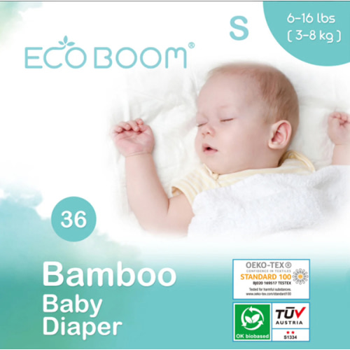 (Small - 36 Count) ECO BOOM Diapers, Baby Bamboo Viscose Diapers, Eco-Friendly Natural Soft Disposable Nappies for Infant, Size 2 Suitable for 6 to 16lb