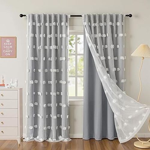 MYSKY HOME Grey Blackout Curtains for Kids Room Boys Bedroom 72 Inch Long Double Layer Curtain with White Pom Pom Sheer for Dining Room Back Tab Room Darkening Window Drapes 2 Panels, 52 x 72 in