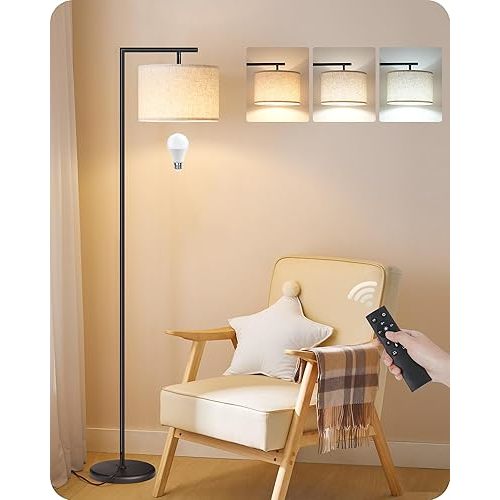 Modern Dimmable Floor Lamp for Living Room with Adjustable Color Temperature LED Bulb, ARC Standing Lamp with Remote Control, Tall Reading Lamp for Bedroom, Office, Black, E11LD05