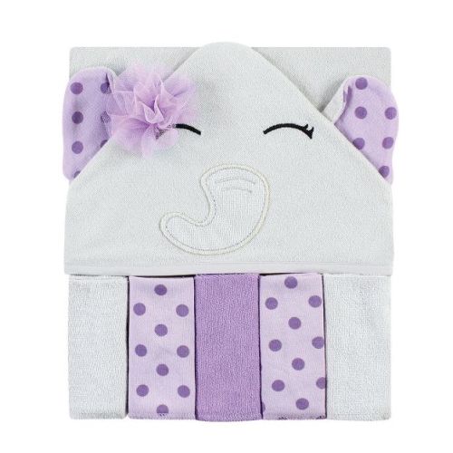 Hudson Baby Infant Girl Hooded Towel and Five Washcloths, Purple Dots Pretty Elephant, One Size