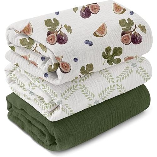 GLLQUEN BABY Muslin Swaddle Blankets for Newborns, 3-Pack Cotton Receiving Blankets for Boys and Girls, Large 40 x 38 Baby Essentials Swaddle Wrap Burping Clothes, Unisex, Gift, Green