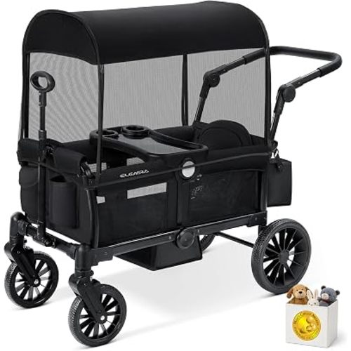 ELEMARA Foldable Wagon Stroller, Stroller Wagon for 2 Kids, Premium All Terrain Wagon for Kids with Removable Canopy, Adjustable Push/Pull Handle, Harnesses, Large Storage Bag, Black