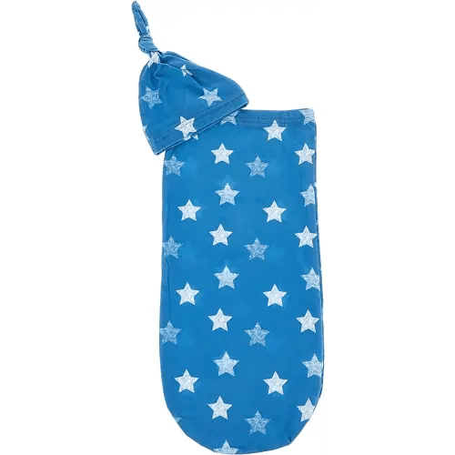 Itzy Ritzy Cocoon and Hat Swaddle Set, Cutie Cocoon Includes Name Announcement Card and Matching Jersey Knit Cocoon and Hat Set, Perfect for Newborn Photos, for Ages 0 to 3 Months, Blue Stars