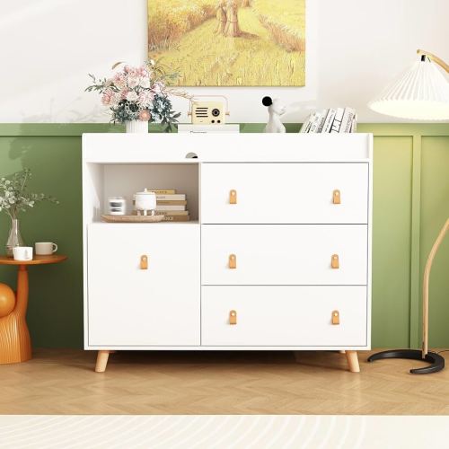 Changing Table Dresser, Baby Nursery Dresser with 3 Drawers and Shelf, Top Guardrail and Large Storage Cabinet, Hidden Trash Storage, Baby Changing Dressers for Nursery Room, White