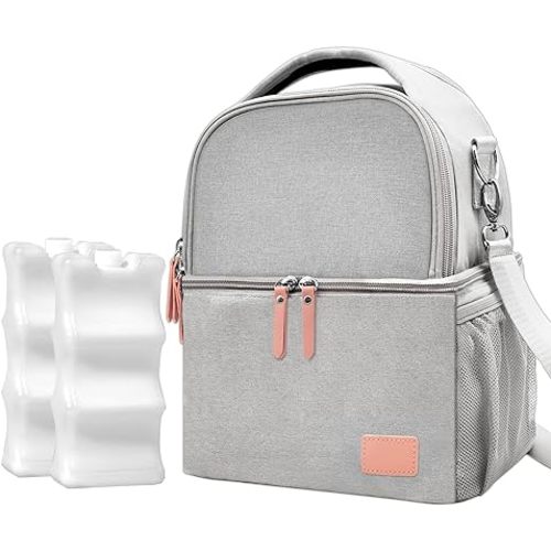 QIUXQIU Breastmilk Cooler Bag with Ice Pack Insulated Lunch Bag for Women and Men Baby Bottle Bag Fits 6 Bottles for Nursing Mom Daycare Double Deck Cooling Bag Work Travel Picnic (Gray)