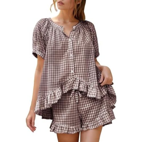 Flygo Womens Gingham Pajamas Set 2 Piece Cotton Pj Lounge Sets Puff Sleeve Ruffle Babydoll Shirt Shorts Summer Outfits