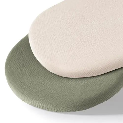 Muslin Bassinet Sheets for Babies – Soft & Breathable 100% Cotton Fitted Sheets for Oval, Rectangle, Hourglass Bassinet Mattress Pads, 2-Pack (Ivory & Pink)