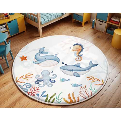 Playful Fish Nursery Rug,Ocean Animals Rug, Under The Sea Nursery Rug, Anti Slip Mat for Kid's Room, Whale Adventure Newborn Rug,Toddler Rug