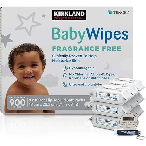 Worldwide Nutrition Bundle, Compatible with Kirkland Signature All Natural Baby Wipes, Hypoallergenic, Organic Baby Wipes Unscented 100 Count 9 Pack and Multi-Purpose Key Chain