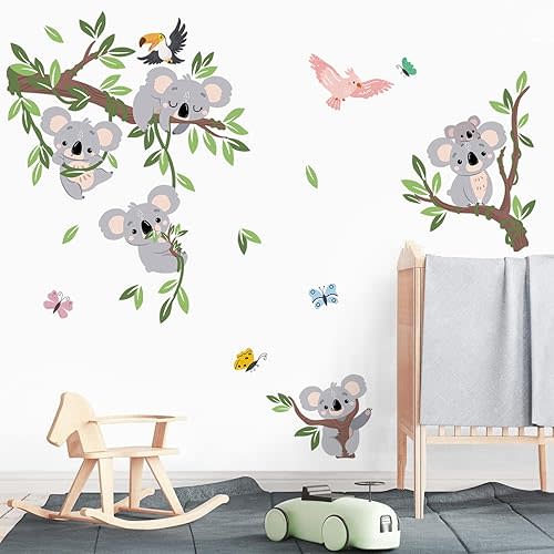 wondever Koala Tree Branch Wall Decals Animal Koala Bear Peel and Stick Wall Art Stickers for Baby Nursery Kids Bedroom Playroom