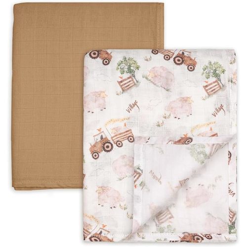 GLLQUEN BABY Muslin Swaddle Blankets Breathable Receiving Blankets (35" x 40") 2-Pack Soft Baby Blankets for Girls and Boys Newborn Essentials Muslin Burp Cloths Swaddle Wrap Baby Gift(Barn Prelude)