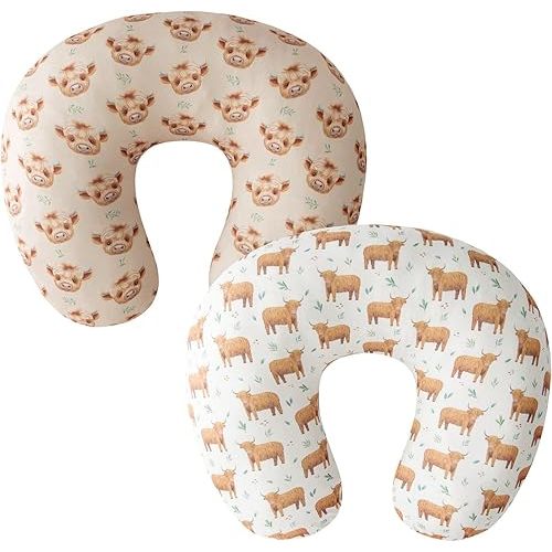 Little Jump 2 Pack Nursing Pillow Covers, Stretchy Removable Case for Breastfeeding Pillows, Ultra Soft Comfortable Slipcover for Unisex Baby Girls Boys Newborn (Neutral Highland Cows)