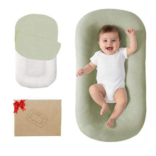 Baby Lounger, Bionic Design Baby Lounger for Newborn 0-24 Months, Soft Organic Cotton Breathable Lounger for Infants (Lovely Green)