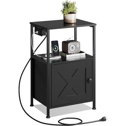 WLIVE End Table with Charging Station, Bed Side Table with Open Shelf and Cabinet, Farmhouse Night Stand, End Tables Living Room, Bedroom, Small Spaces, Black