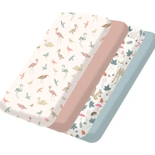 Bimocosy Mini Crib Sheets,Pack and Play Sheets for Baby Girl Boy 4 Pack,Size 38"x 26" for Playard Mattress,Portable Mini Crib,Soft Pack N Play Sheets Fitted,Wetland Birds/Squirrel/Mauve/Fog Blue