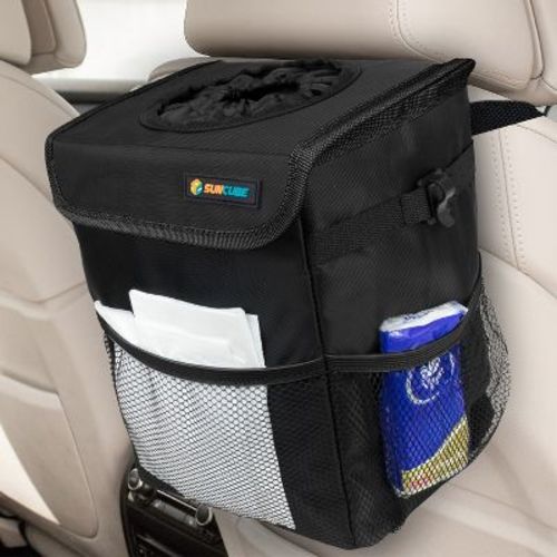 SUN CUBE Waterproof Car Trash Can with Lid, Portable Organizer Garbage Can, Removable Leakproof Lining Hanging Bin Storage (Black)