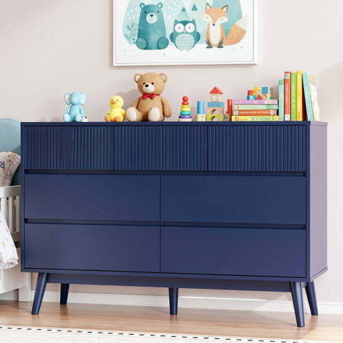 RichYa Dresser for Bedroom with 7 Drawers,Fluted Dresser with Handleless Design,Chest of Drawers & TV Stand,Closet Storage Organizer for Living Room, Kids Room（Navy Blue）