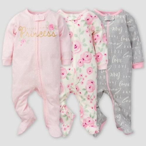 Gerber Baby Girls' 3pk Floral Sleep N' Play - Pink/Off-White/Gray