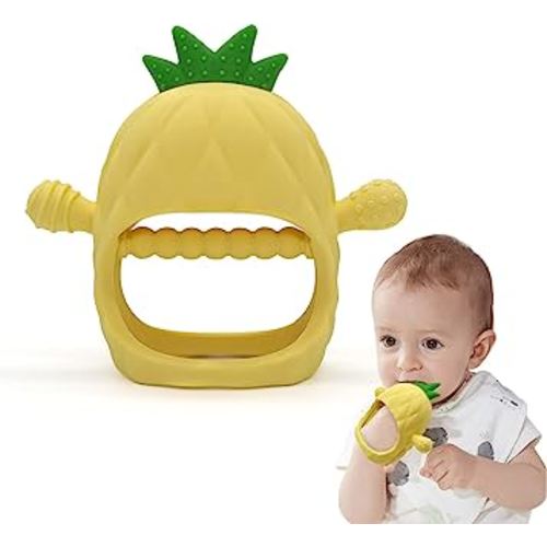 Pineapple Shape Baby Teething Toys, Never Drop Hand Wrist Teether, PAPACHOO Baby Chew Toys for Sucking Needs, Silicone Baby Mitten Teether for Soothing Teething Pain Relief, Easy to Grip (Yellow)