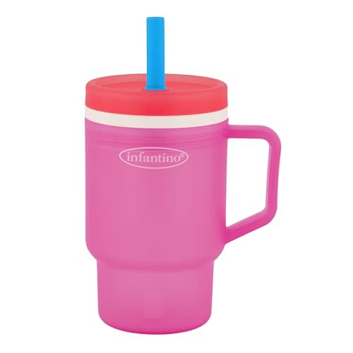 Infantino My 1st Tumbler, Durable Plastic Sippy Cup with Straw & Handle, Spill-Resistant, for On-The-Go, BPA-Free Transition Baby Cup, Raspberry Cream
