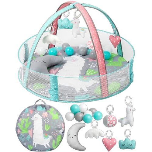 TODDLETUFF Baby Play Gym, Activity Mat | Baby Ball Pit Play Area with 5 Detachable Toys + Half Moon Pillow | Tummy Time Mat Promotes Motor Skills & Sensory Development [Llama Theme]