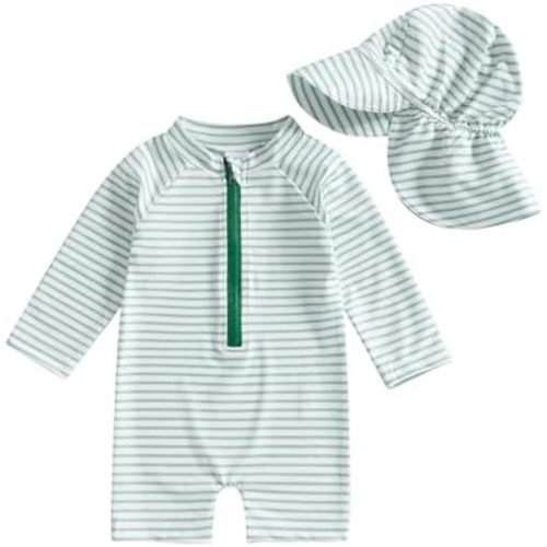 Baby Boys Swimsuit Onepiece Striped Zipper Swimwear Baby Toddler Girls Bathing Suit Rash Guard Swimming Sunsuit
