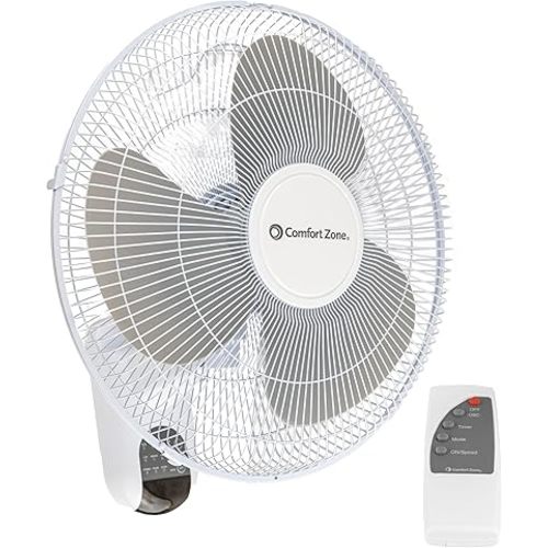Comfort Zone 16" Quiet 3-Speed Wall Mount Fan with Remote Control, Timer and Adjustable Tilt, Ideal for Home, Bedroom, Gym & Office, CZ16WR