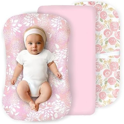 100% Organic Cotton Baby Lounger or Changing Pad Covers with Reenforced Safety Strap Holes. Fits Evolur, Munchkin, Delta, Snuggle Me and More. Multi-Use, 3 Pk of Covers Only.(Roses, Mums and Pink)