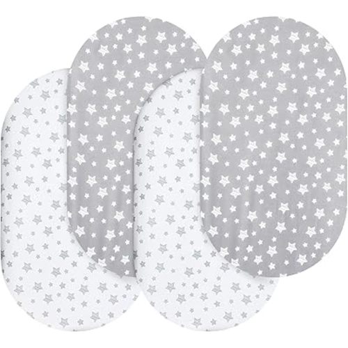 Bassinet Sheets Set 4 Pack for Baby Boy, Universal Fit for Oval, Hourglass and Rectangular Mattress, Grey Stars