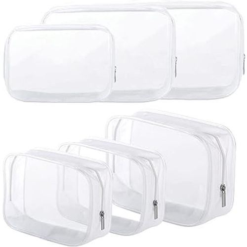 6 Pack Clear Toiletry Carry Pouch with Zipper Portable Plastic Waterproof Cosmetic Bag TSA Approved for Vacation Travel Bathroom and Organizing (White, Small and Large)