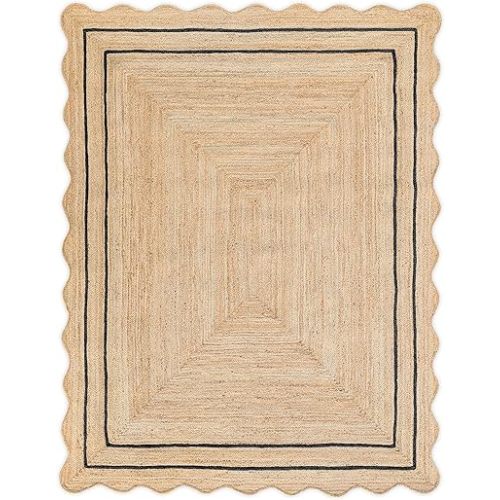 Wave Scalloped Natural Jute Runner Farmhouse Scallop Rug, Black (5'x7')
