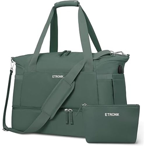 ETRONIK Gym Bag for Women, 47L Carry On Travel Duffel Bag with Shoes Compartment, Weekender Overnight Bag with Wet Pocket & USB Charging Port for Women, Travel, Gym, Weekend, Large Size (Dark Green)