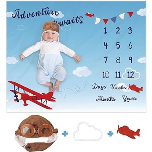 Airplane Adventure Monthly Milestone Blanket with Pilot Hat and Picture Frames Aircraft Growth Tracker Calendar Soft Plush Fleece Photography Prop Backdrop Newborn Baby Boy Shower Gift 40" X 50"